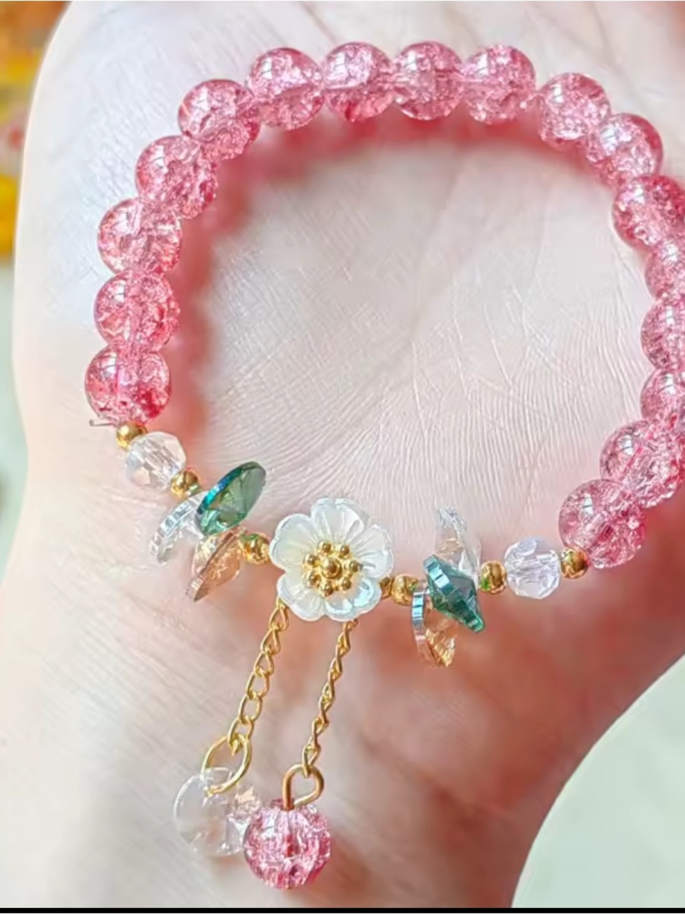 Pink Crystal Flower Charm Bracelet - Women's Jewelry